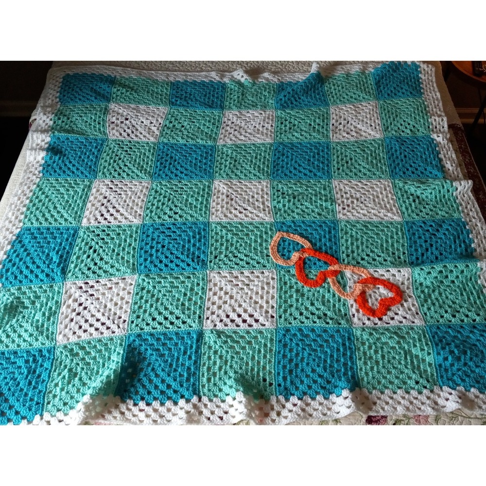 Handmade Crochet Granny Square Blanket Teal White Checkered Interlocking Hearts